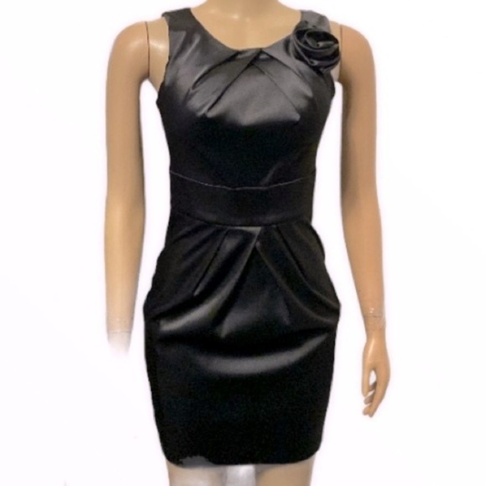 B.Wear Dress Satin stealth black pleated rose detail size 3
